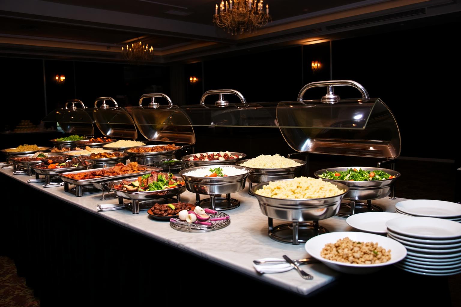 Buffet table with Mediterranean hot dishes