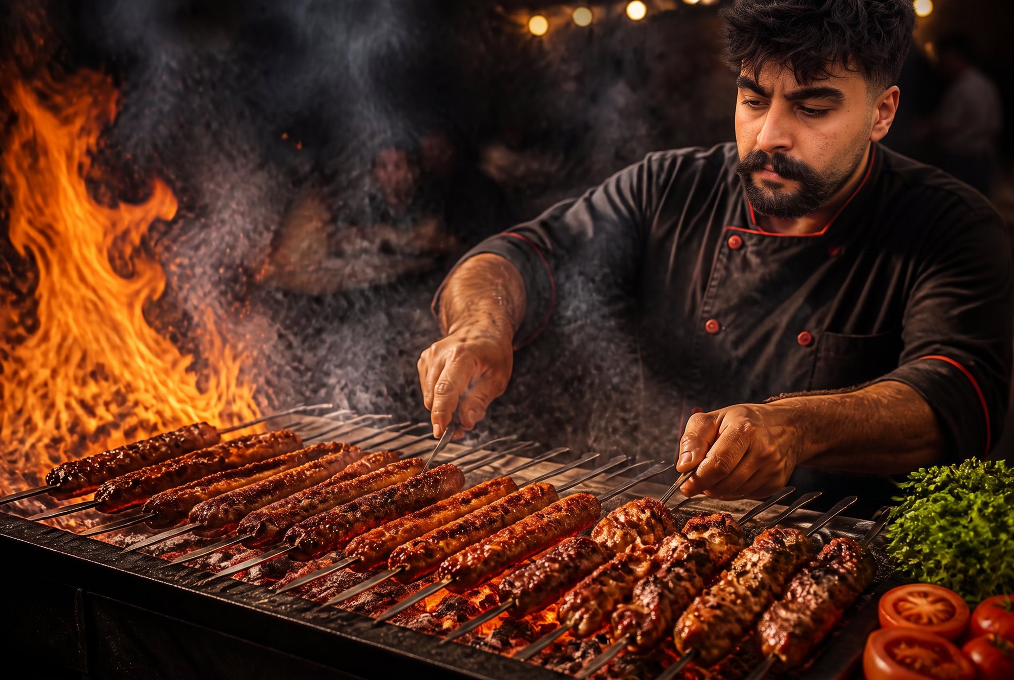 Chef grilling lamb shish and adana kebabs over charcoal at a London catering event